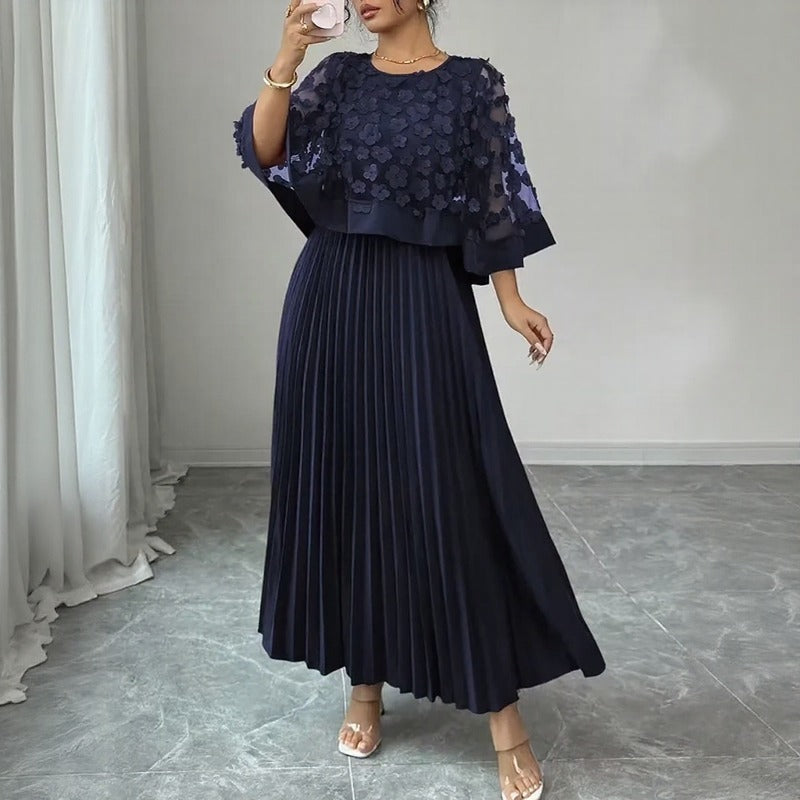 Vestido Rosmara™ de Efeito 2 em 1, com Com Tule Floral 3D e Saia Midi Plissada