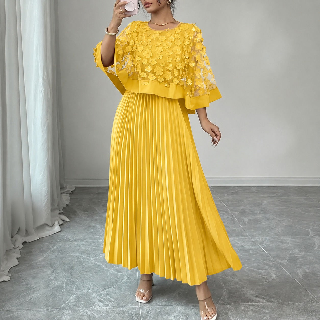 Vestido Rosmara™ de Efeito 2 em 1, com Com Tule Floral 3D e Saia Midi Plissada