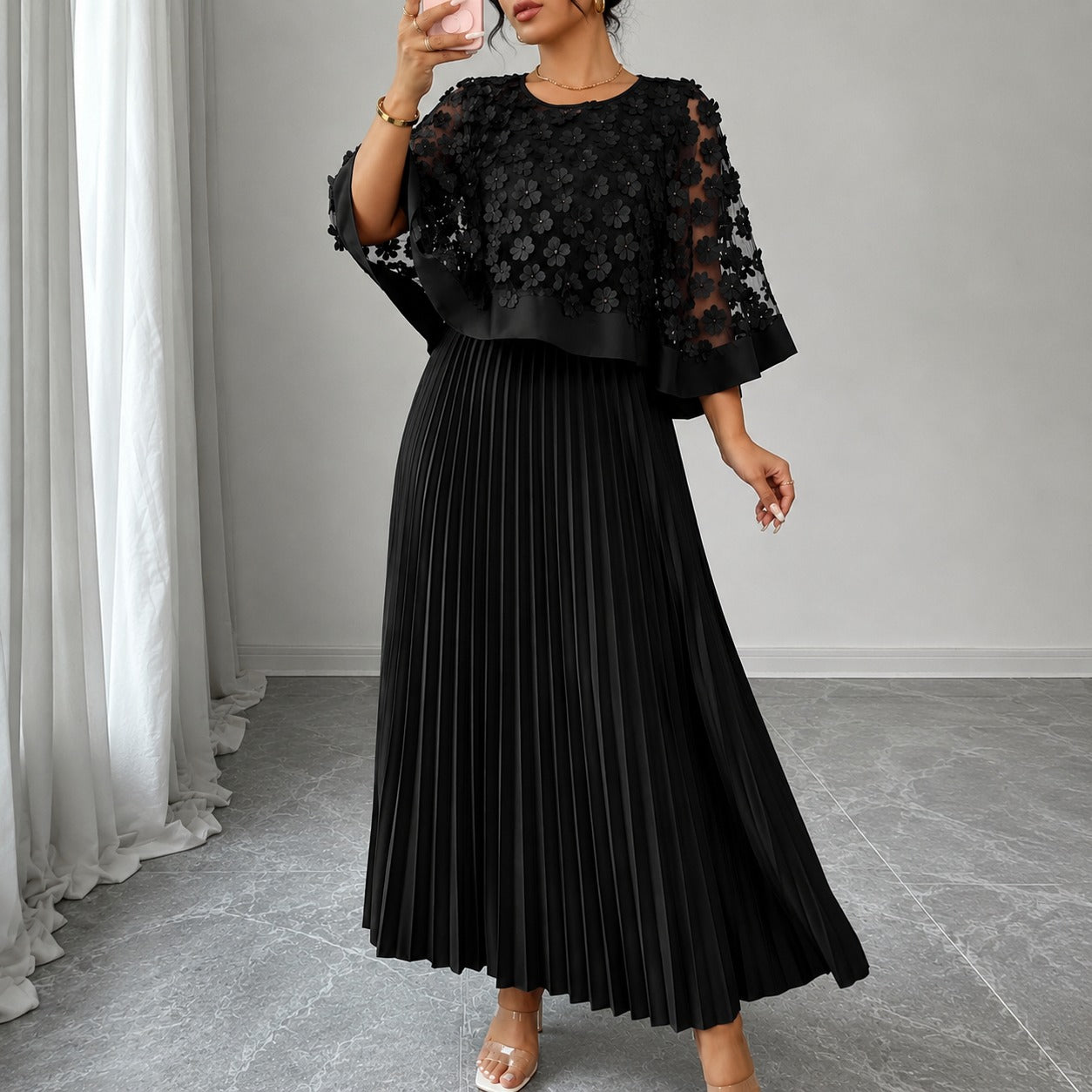 Vestido Rosmara™ de Efeito 2 em 1, com Com Tule Floral 3D e Saia Midi Plissada