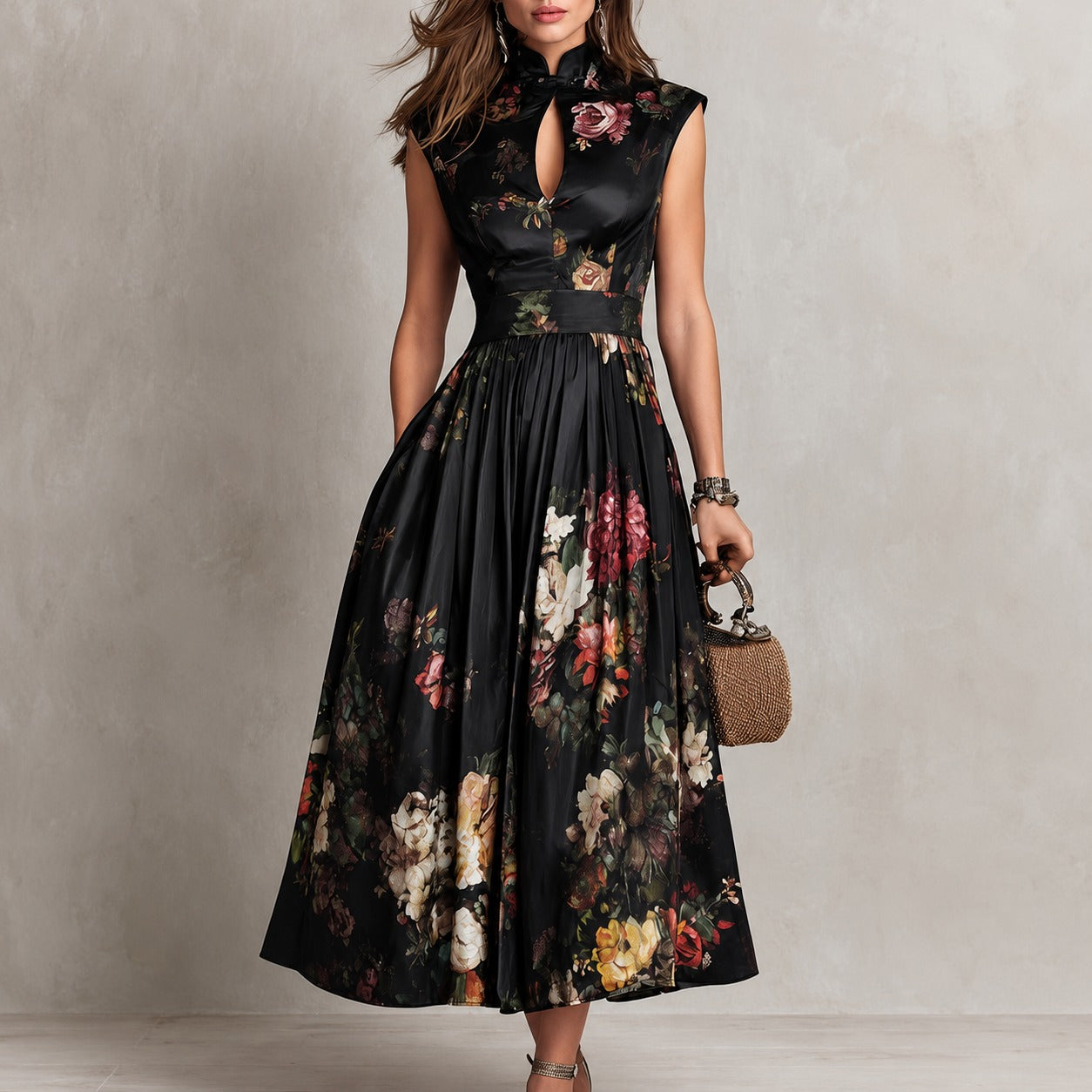 Vestido Vitoriana™ com Gola Mandarim com Abertura e Saia Evasê / Romantismo Sofisticado Sem Exageros