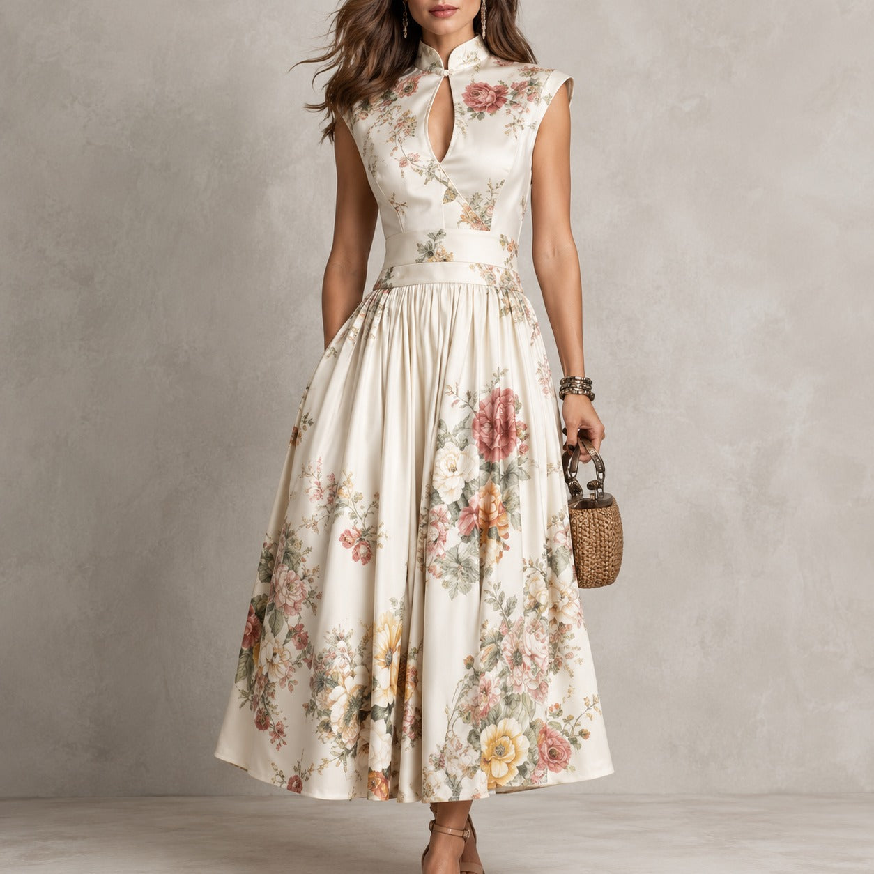 Vestido Vitoriana™ com Gola Mandarim com Abertura e Saia Evasê / Romantismo Sofisticado Sem Exageros