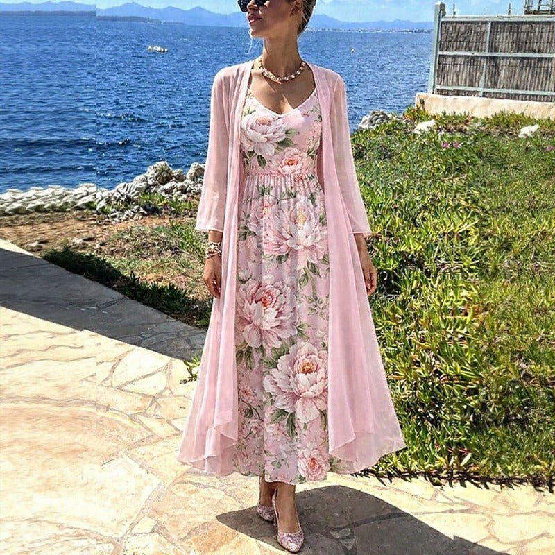 Conjunto Florisse™ com Vestido Midi Floral e Cardigan Longo / Delicadeza Que Se Destaca Com Elegância