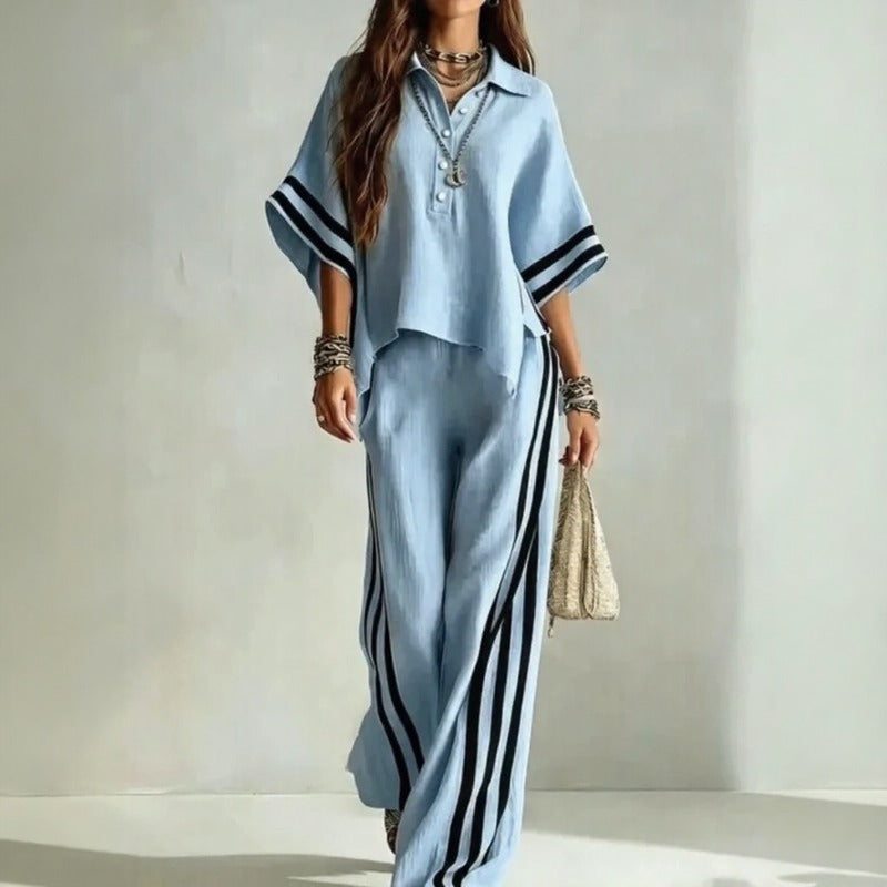 Conjunto Vallena™ com Blusa de Manga Ampla, Calça Pantalona e Listras Charmosas