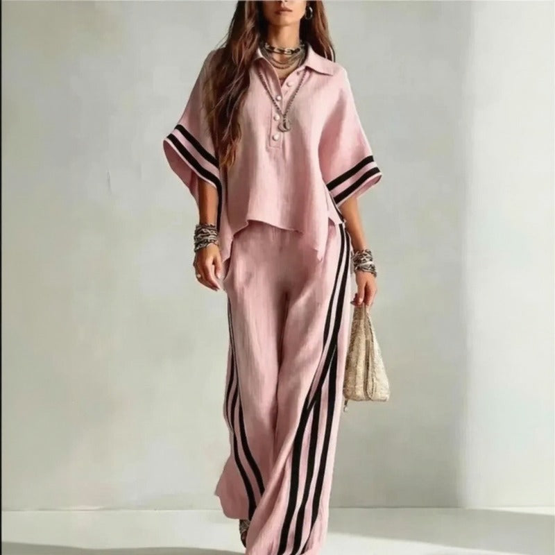Conjunto Vallena™ com Blusa de Manga Ampla, Calça Pantalona e Listras Charmosas