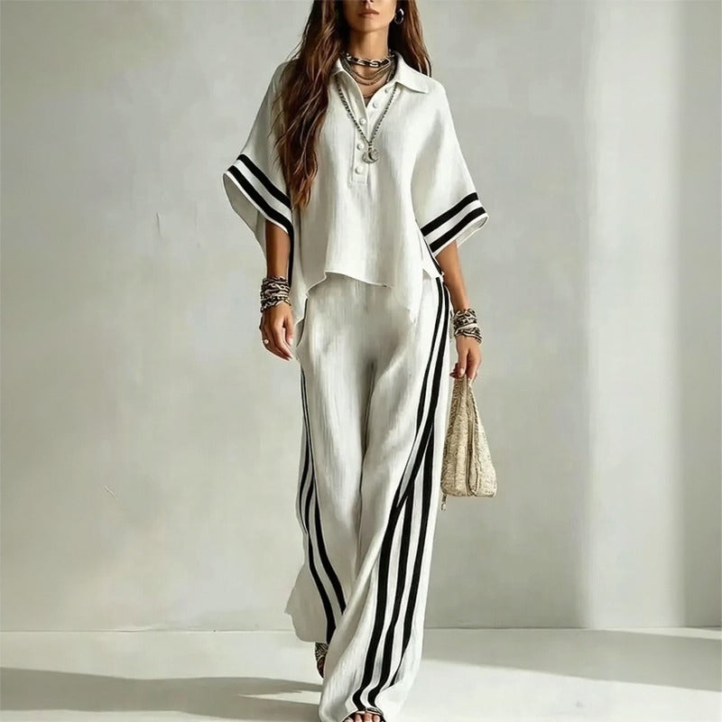 Conjunto Vallena™ com Blusa de Manga Ampla, Calça Pantalona e Listras Charmosas
