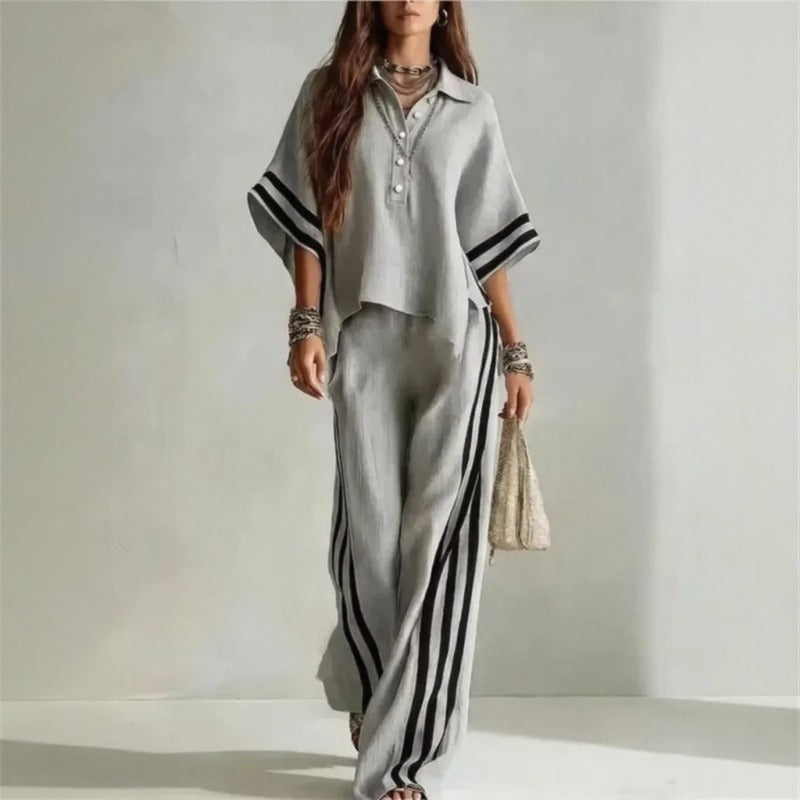 Conjunto Vallena™ com Blusa de Manga Ampla, Calça Pantalona e Listras Charmosas