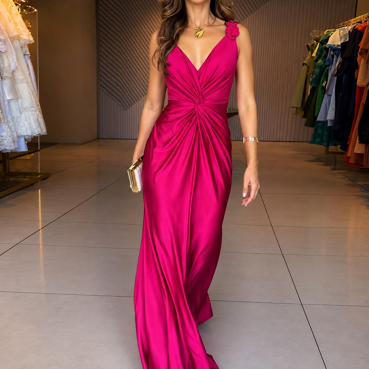 Vestido Celianne™ com Decote V e Drapeado Frontal / Leve Para Vestir, Marcante Para Chegar.