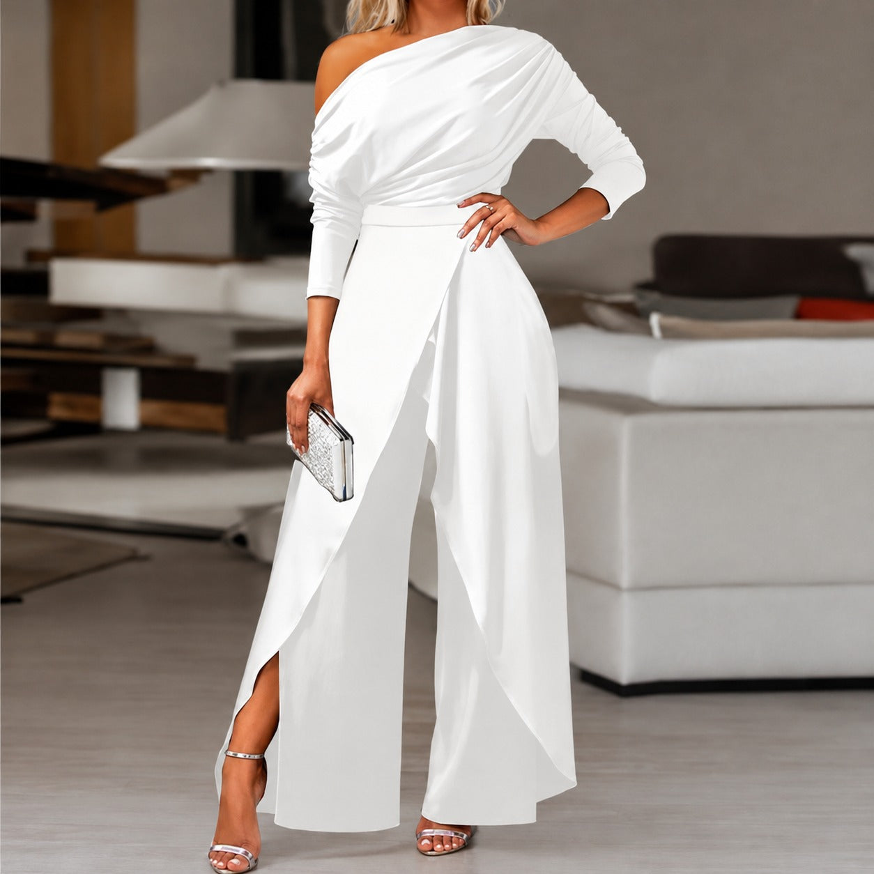 Macacão Lorienne™ com Ombro Único Drapeado e Calça Ampla com Sobreposição / Elegância Marcante com Movimento Fluido