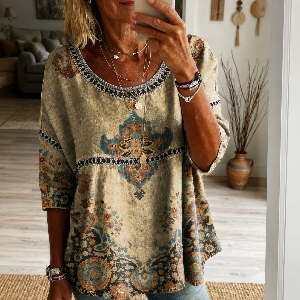 Blusa Dariani™ com Estampa Boho Chic e Modelagem Ampla / Personalidade para Passeios e Encontros