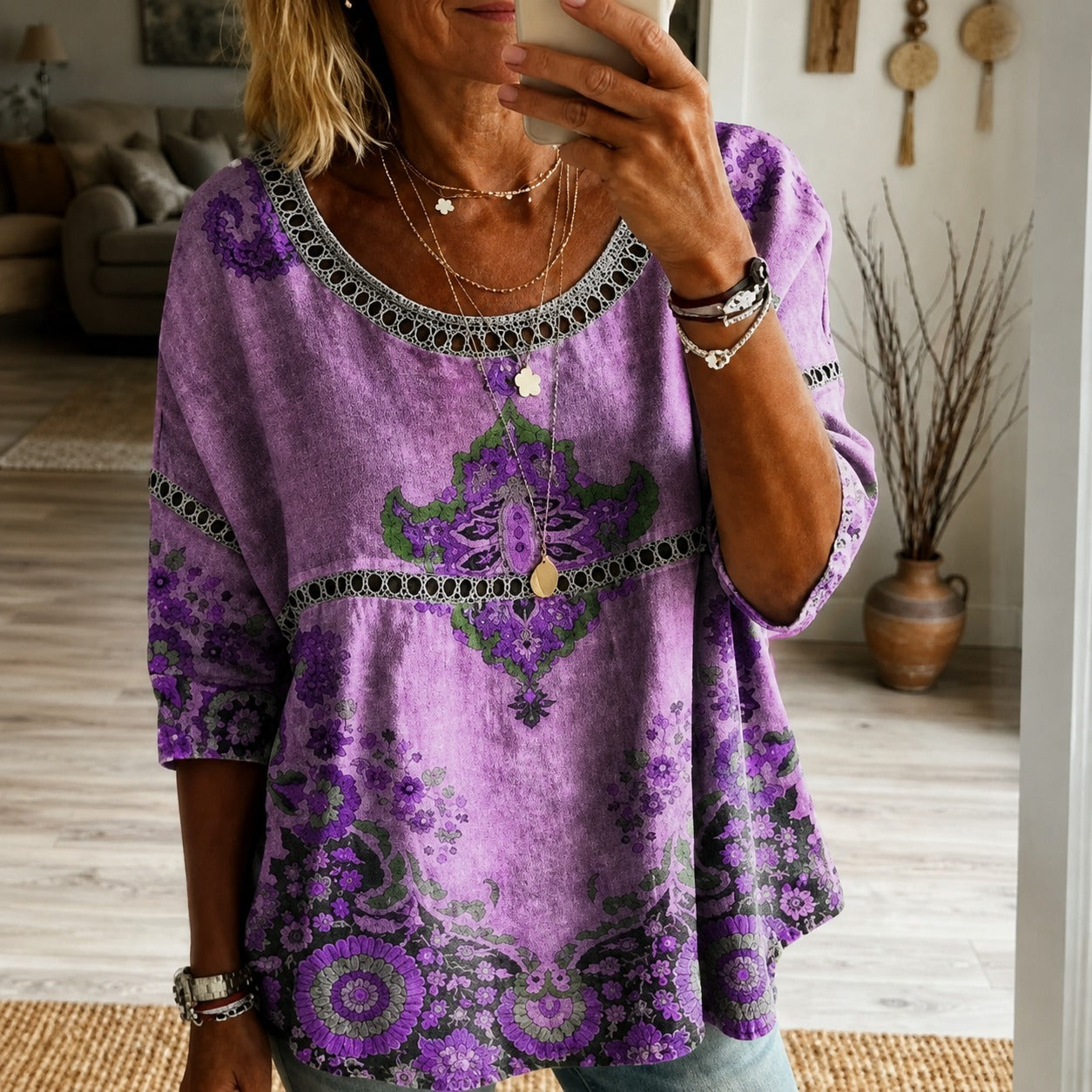 Blusa Dariani™ com Estampa Boho Chic e Modelagem Ampla / Personalidade para Passeios e Encontros