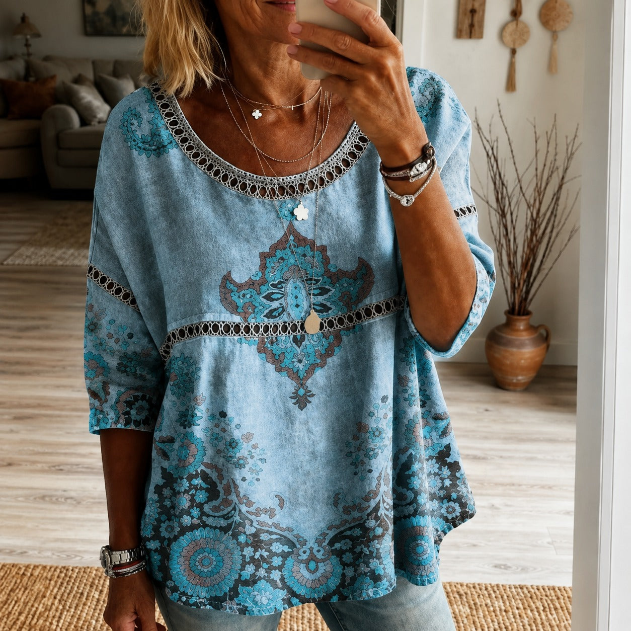 Blusa Dariani™ com Estampa Boho Chic e Modelagem Ampla / Personalidade para Passeios e Encontros