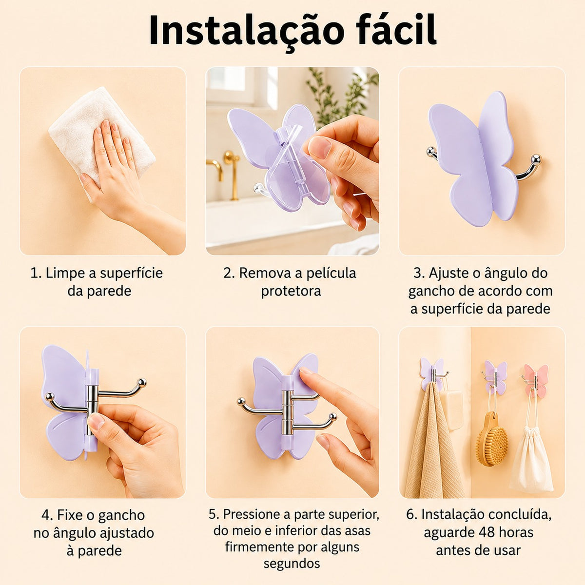 [COMPRE 5 E LEVE 10] Kit de Gancho Adesivo em Formato de Borboleta com Asas Articuladas e 3 Ganchos Giratórios