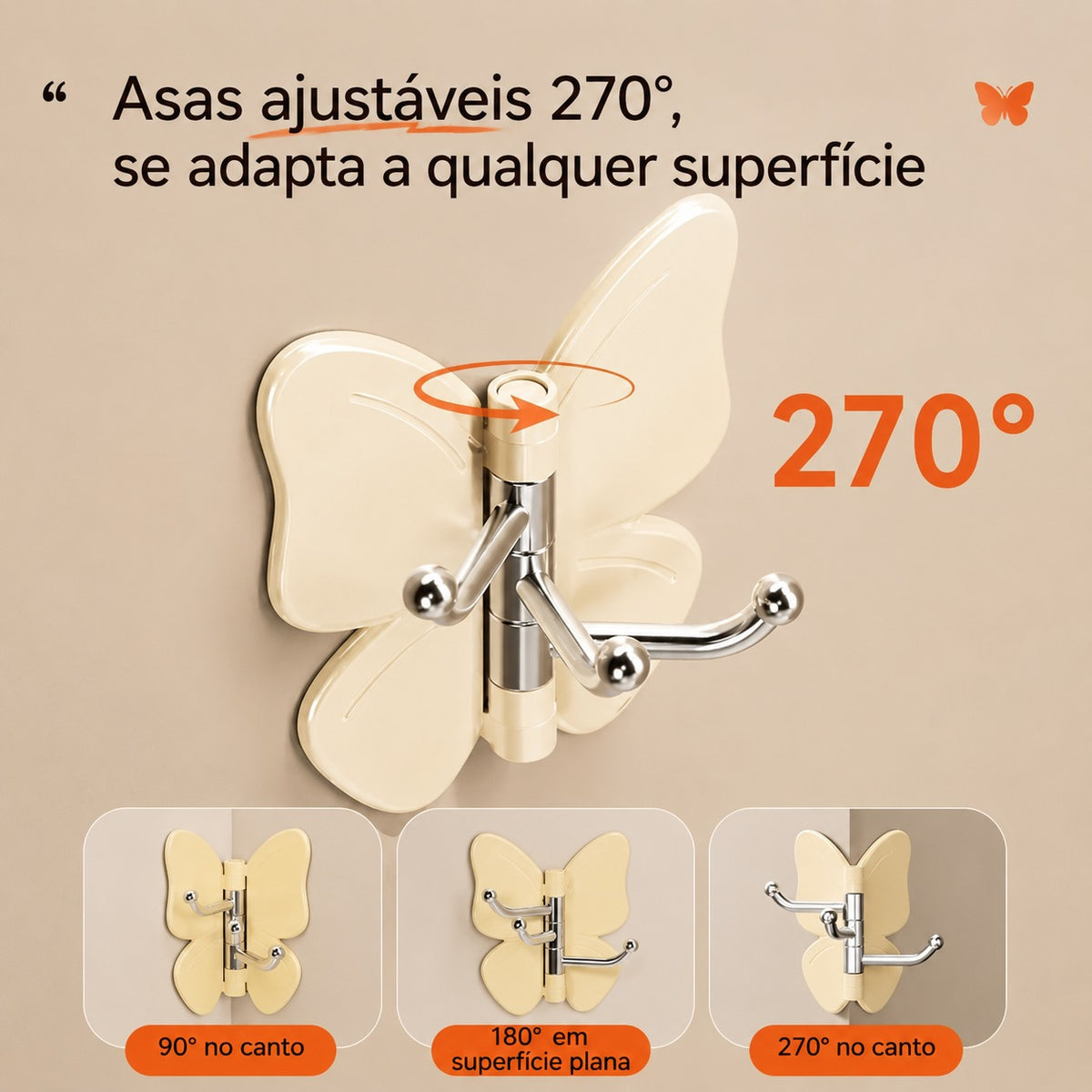 [COMPRE 5 E LEVE 10] Kit de Gancho Adesivo em Formato de Borboleta com Asas Articuladas e 3 Ganchos Giratórios