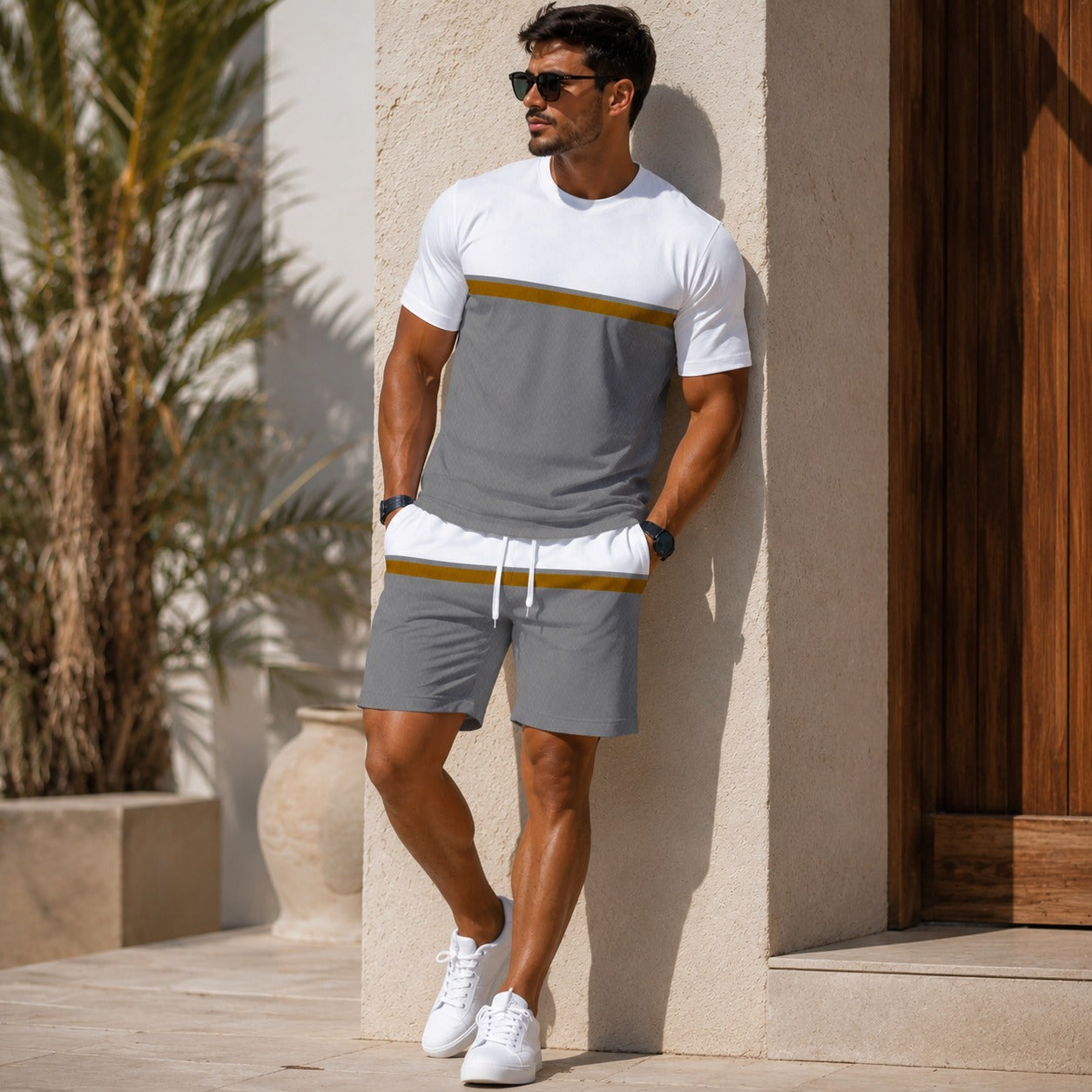 Conjunto Valentino™ com Camiseta Bicolor e Shorts com Cós Ajustável / Visual Esportivo e Alinhado para Dias Leves.