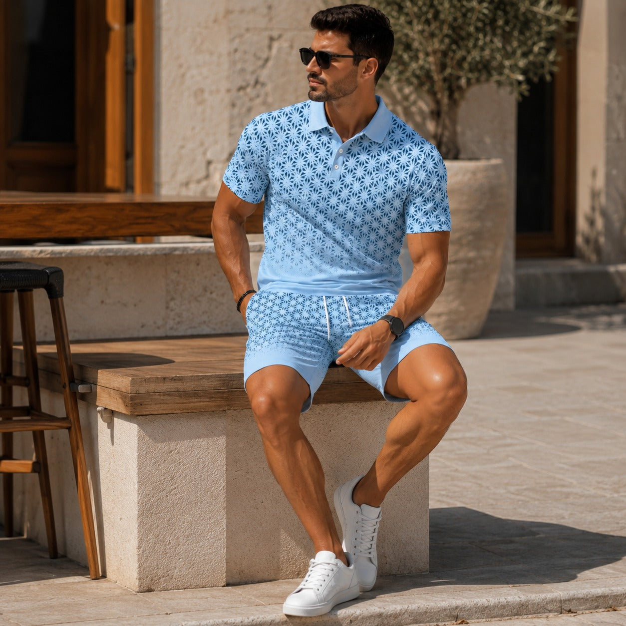 Conjunto Marcelo™ com Polo de Estampa Geométrica e Bermuda Coordenada / Personalidade na Medida Certa para Produções Casuais.
