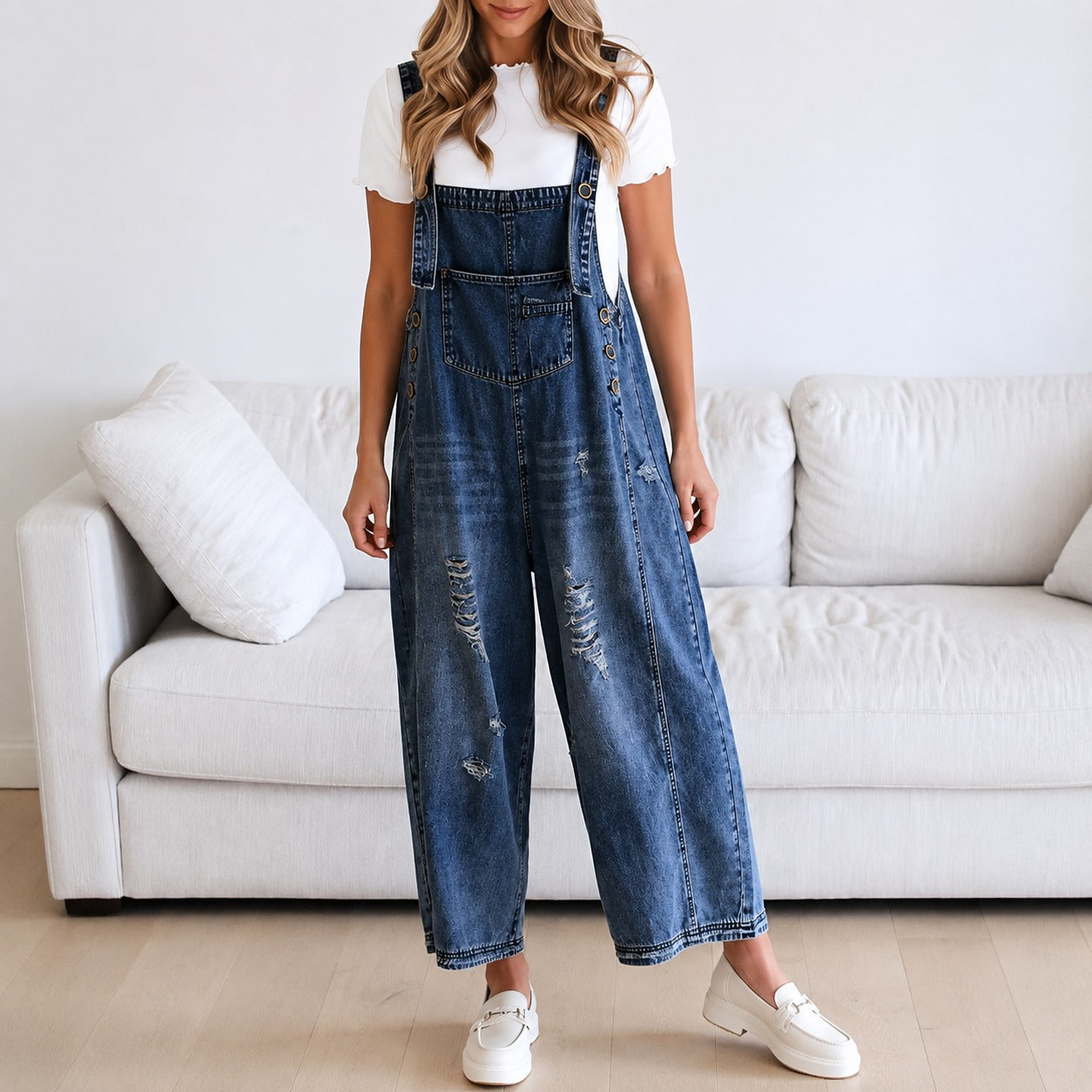 Macacão Janiele™ com Denim Vintage e Corte Amplo / Um Visual Que Nunca Sai de Moda
