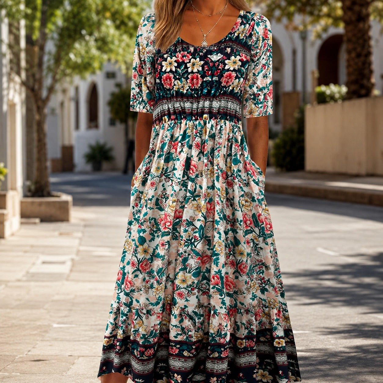 Vestido Catânia™ com Mix de Estampas Florais e Saia Ampla / Um Floral Cheio de Personalidade para Sair do Básico.