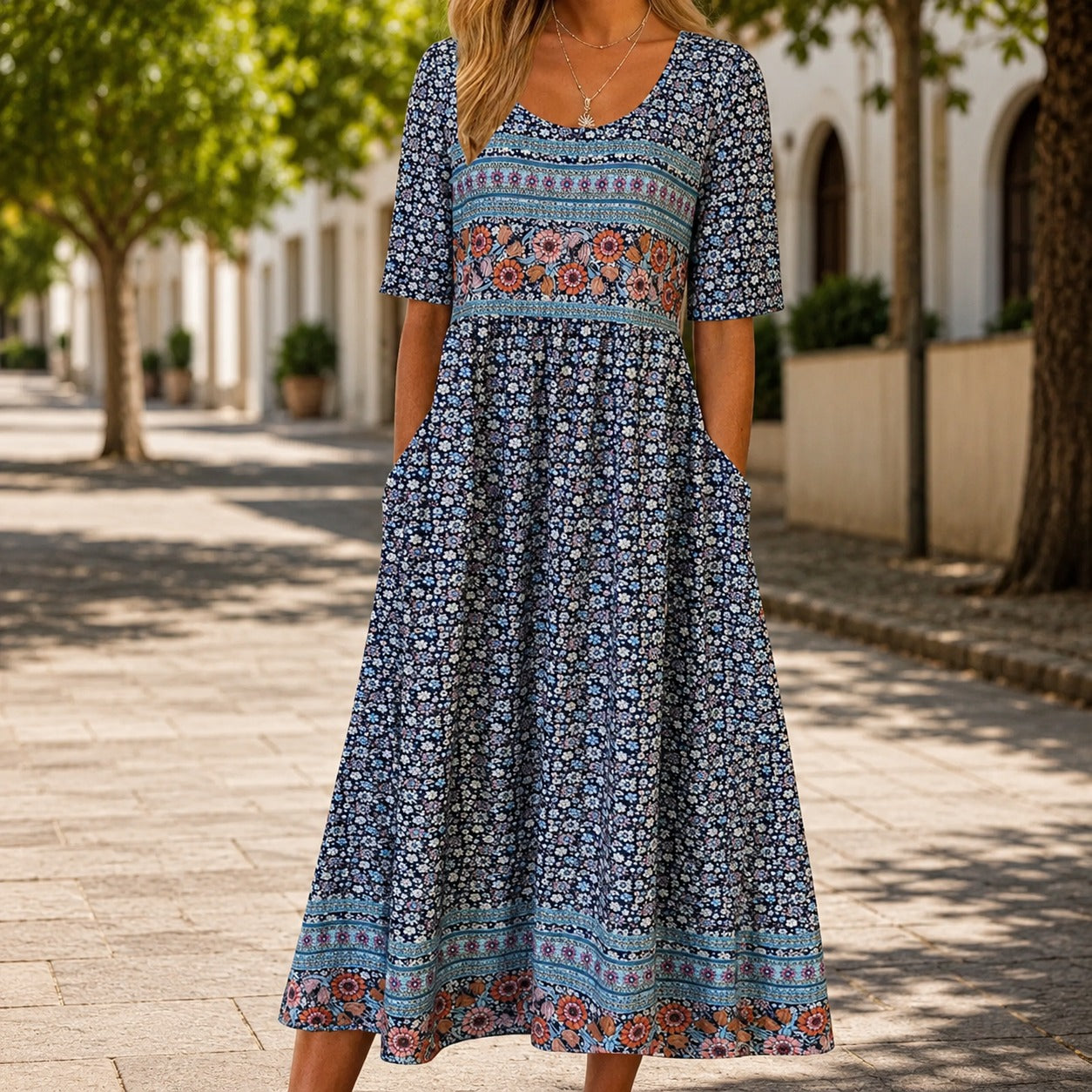 Vestido Catânia™ com Mix de Estampas Florais e Saia Ampla / Um Floral Cheio de Personalidade para Sair do Básico.