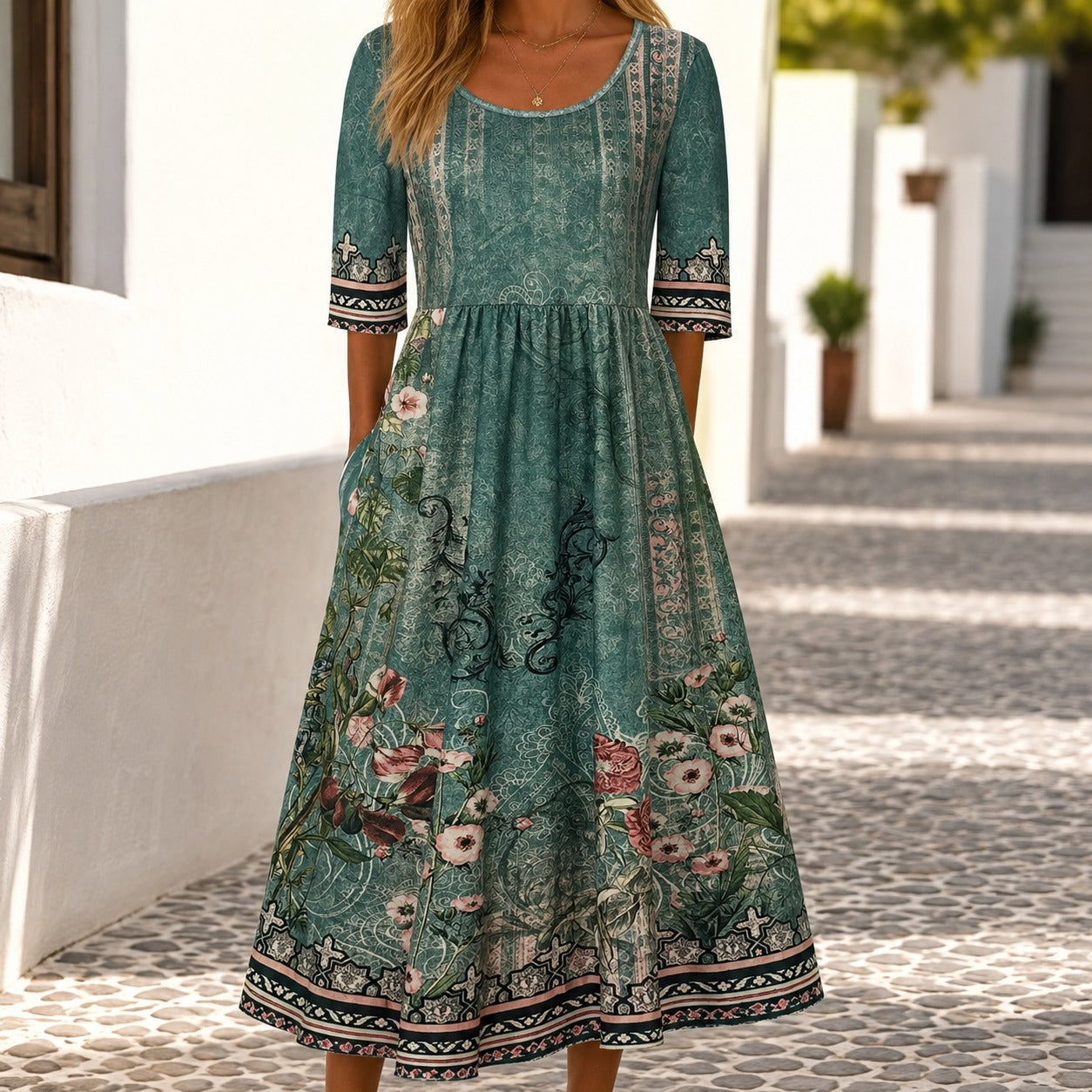 Vestido Catânia™ com Mix de Estampas Florais e Saia Ampla / Um Floral Cheio de Personalidade para Sair do Básico.
