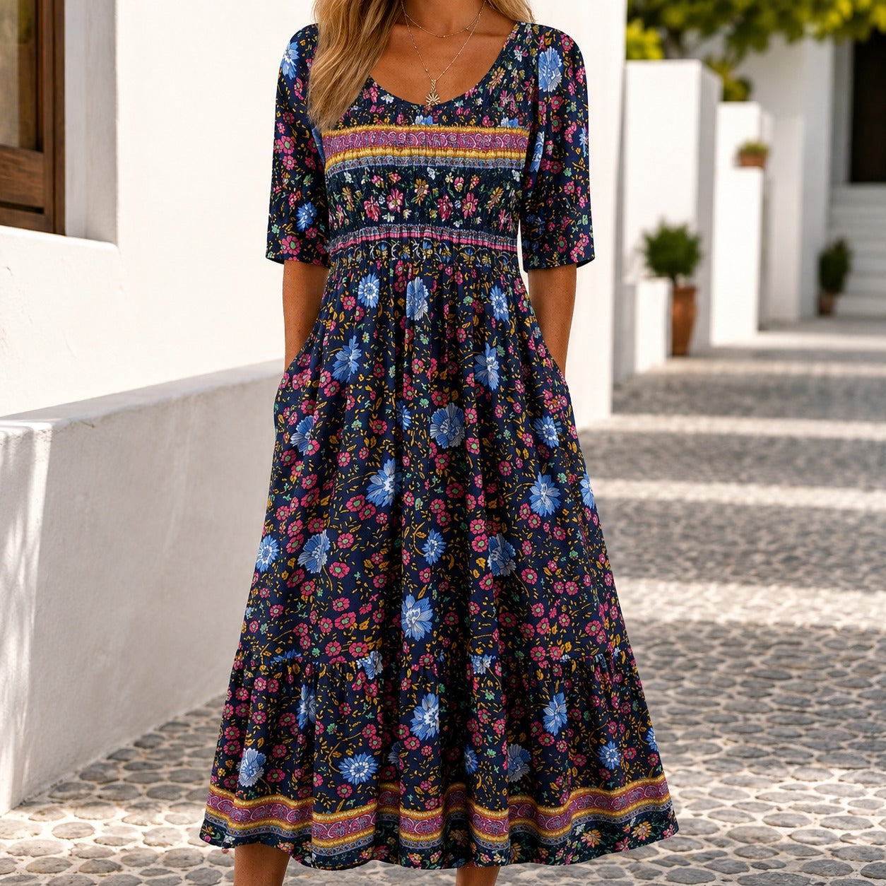 Vestido Catânia™ com Mix de Estampas Florais e Saia Ampla / Um Floral Cheio de Personalidade para Sair do Básico.
