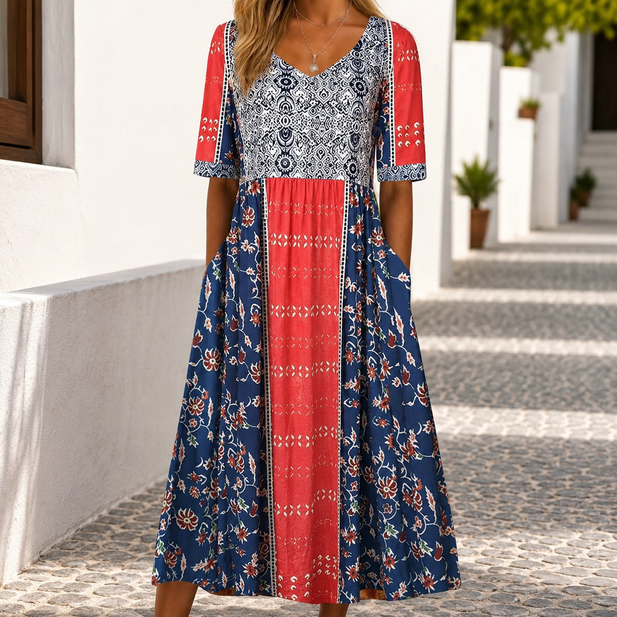 Vestido Catânia™ com Mix de Estampas Florais e Saia Ampla / Um Floral Cheio de Personalidade para Sair do Básico.