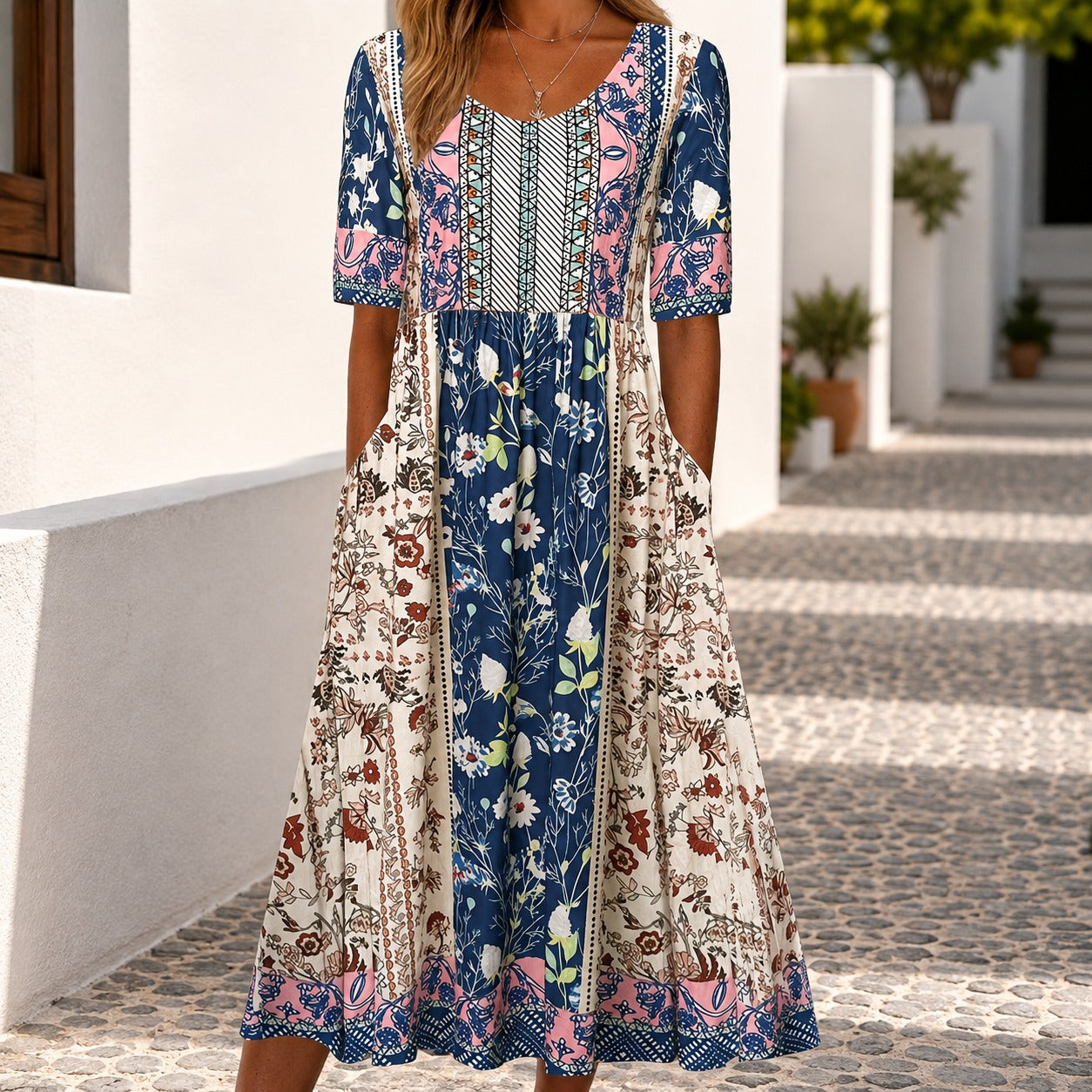 Vestido Catânia™ com Mix de Estampas Florais e Saia Ampla / Um Floral Cheio de Personalidade para Sair do Básico.