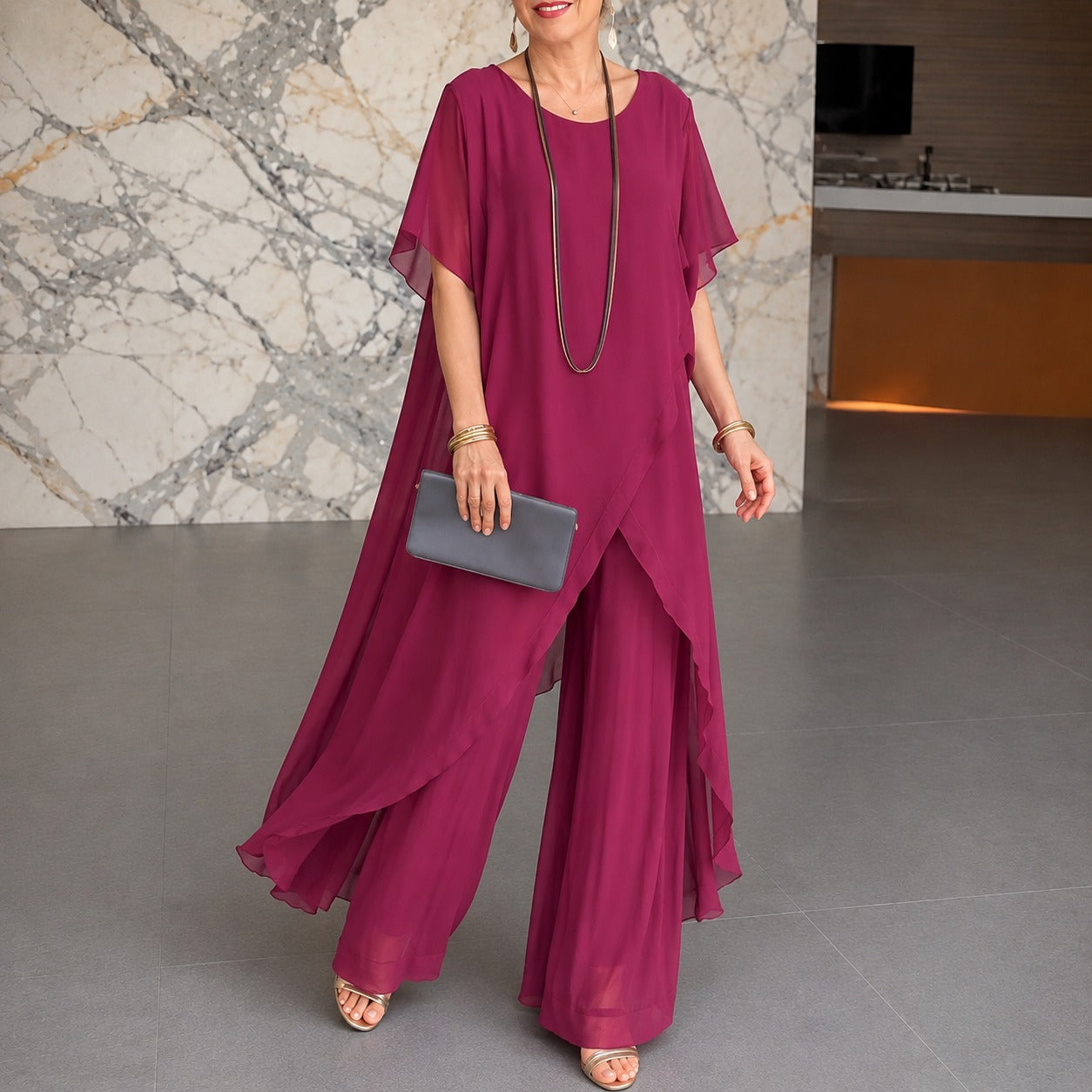 Conjunto Alexa™ com Blusa Alongada Assimétrica e Calça de Modelagem Ampla / Movimento que Traz Sofisticação ao Visual