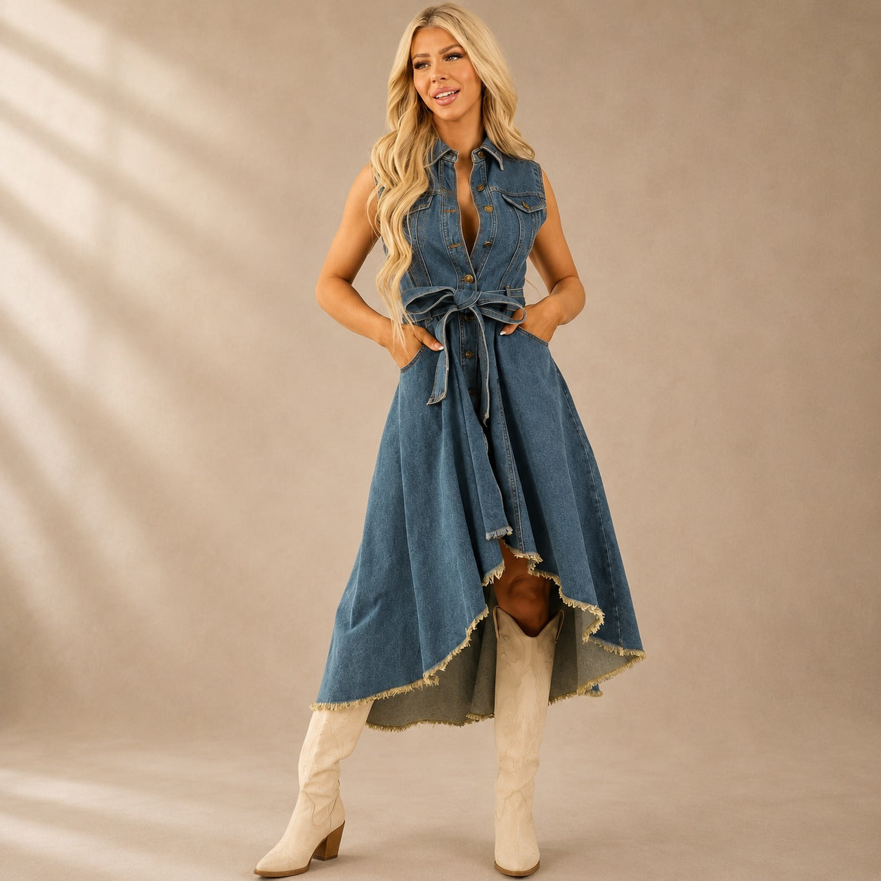 Vestido Jeans Vicenza™ com Botões Frontais e Barra Assimétrica / Um Caimento Que Define a Cintura e se Abre Com Leveza.