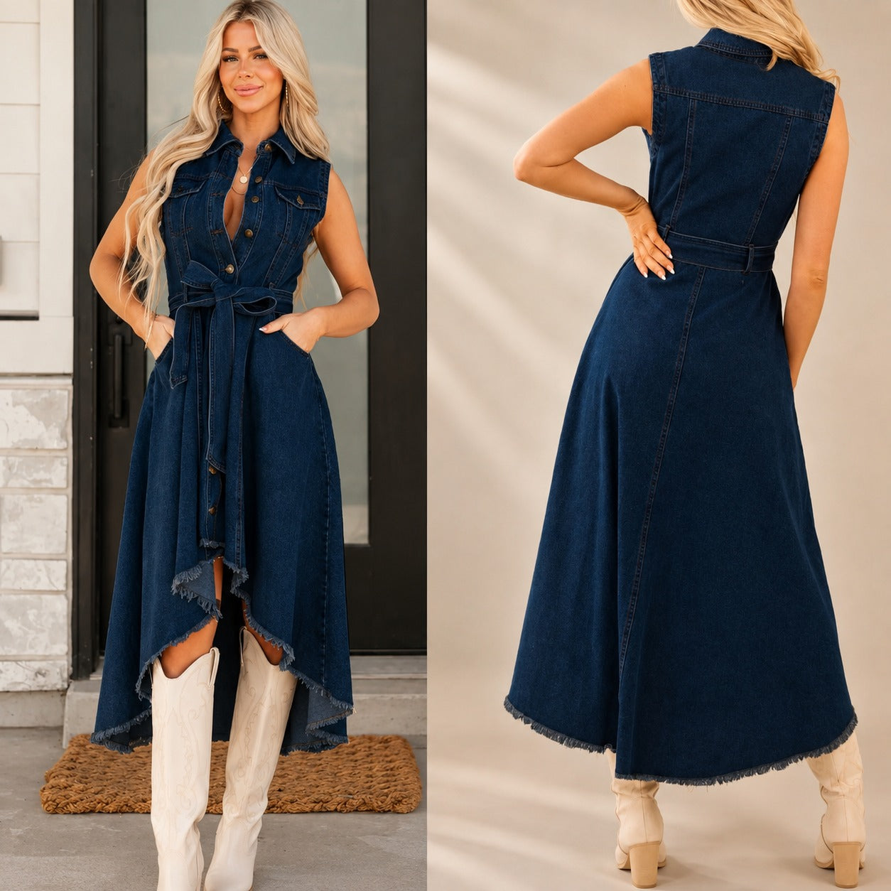 Vestido Jeans Vicenza™ com Botões Frontais e Barra Assimétrica / Um Caimento Que Define a Cintura e se Abre Com Leveza.