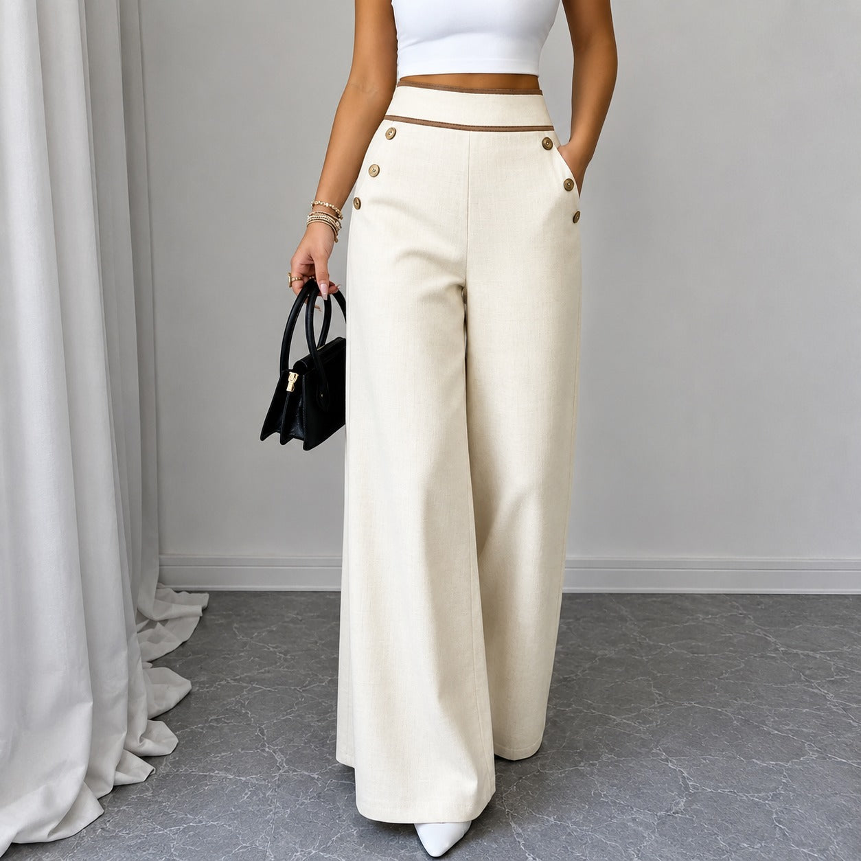 Calça Milão™ com Cintura Alta, Cós Contrastante e Design de Alfaiataria