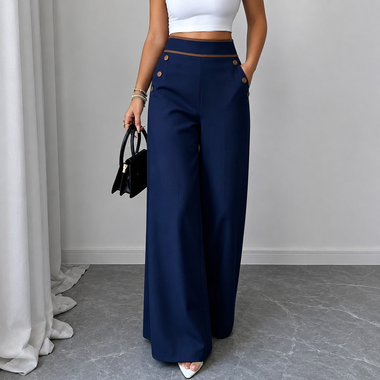 Calça Milão™ com Cintura Alta, Cós Contrastante e Design de Alfaiataria