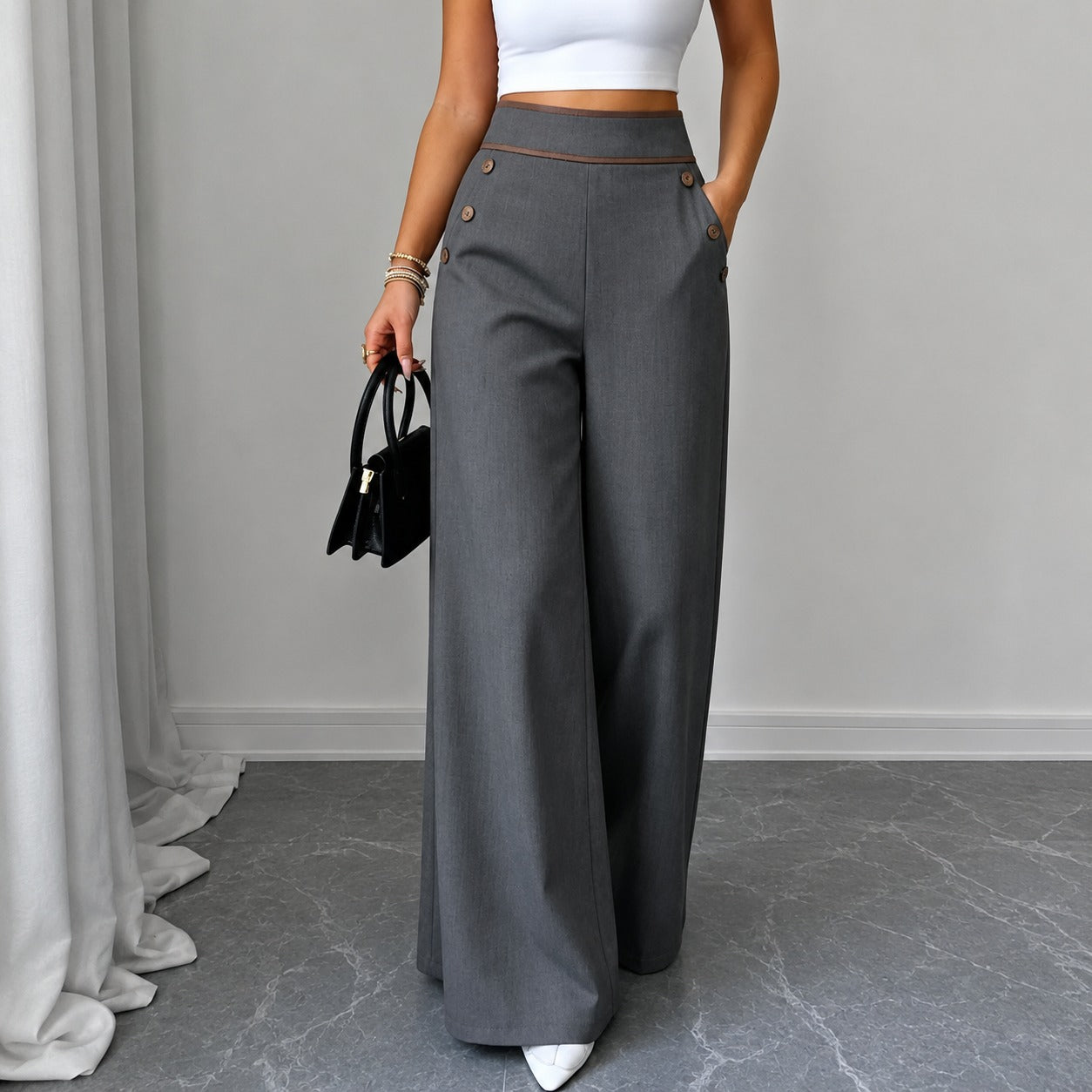 Calça Milão™ com Cintura Alta, Cós Contrastante e Design de Alfaiataria