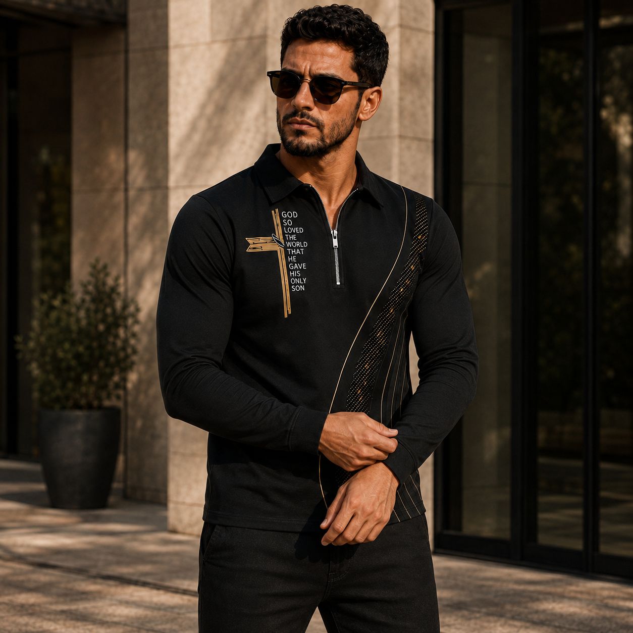 Camisa Lucien™ com Detalhes Dourados e Gola Polo de Zíper / Contrastes Marcantes Para um Visual Sofisticado.