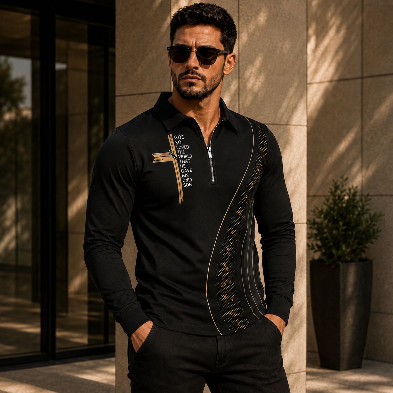 Camisa Lucien™ com Detalhes Dourados e Gola Polo de Zíper / Contrastes Marcantes Para um Visual Sofisticado.