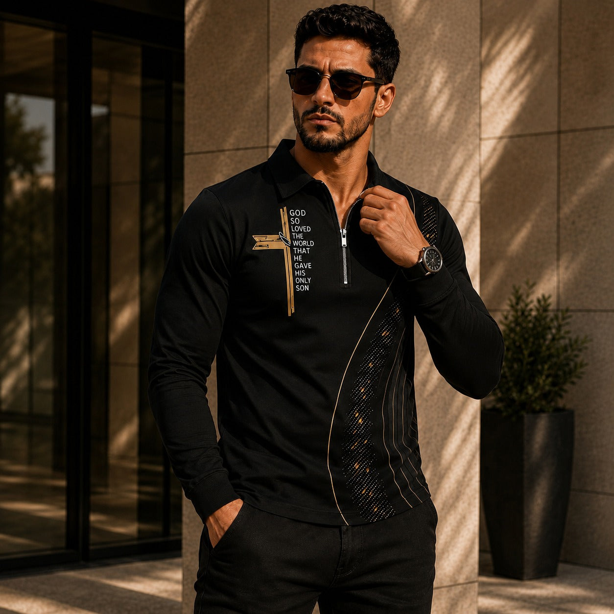 Camisa Lucien™ com Detalhes Dourados e Gola Polo de Zíper / Contrastes Marcantes Para um Visual Sofisticado.
