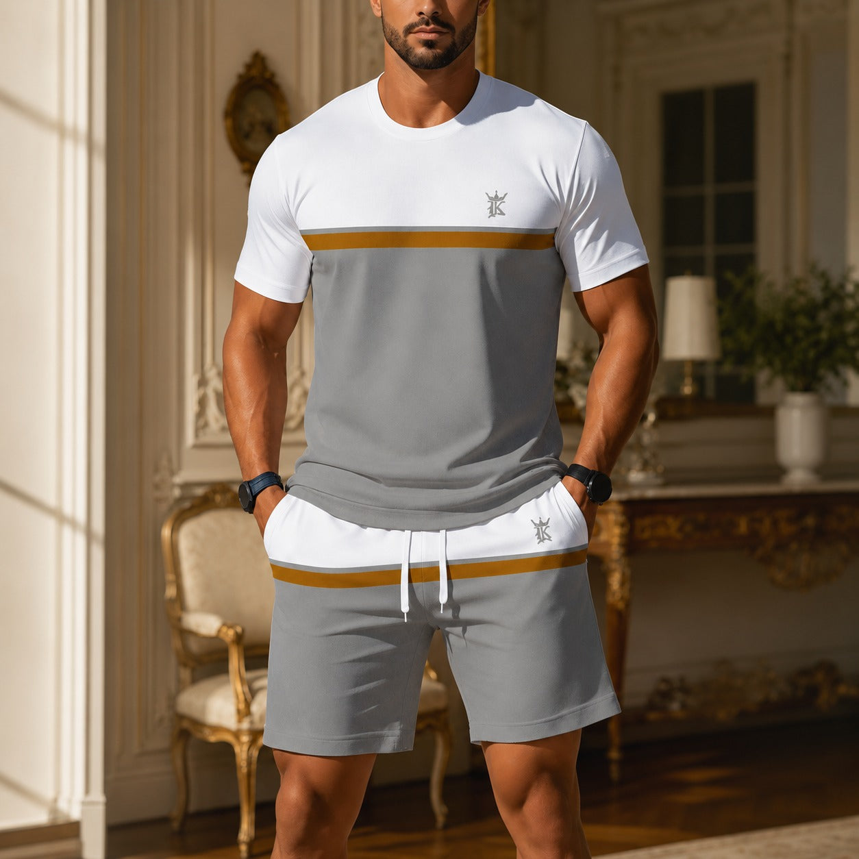 Conjunto Valentino™ com Camiseta Bicolor e Shorts com Cós Ajustável / Visual Esportivo e Alinhado para Dias Leves.