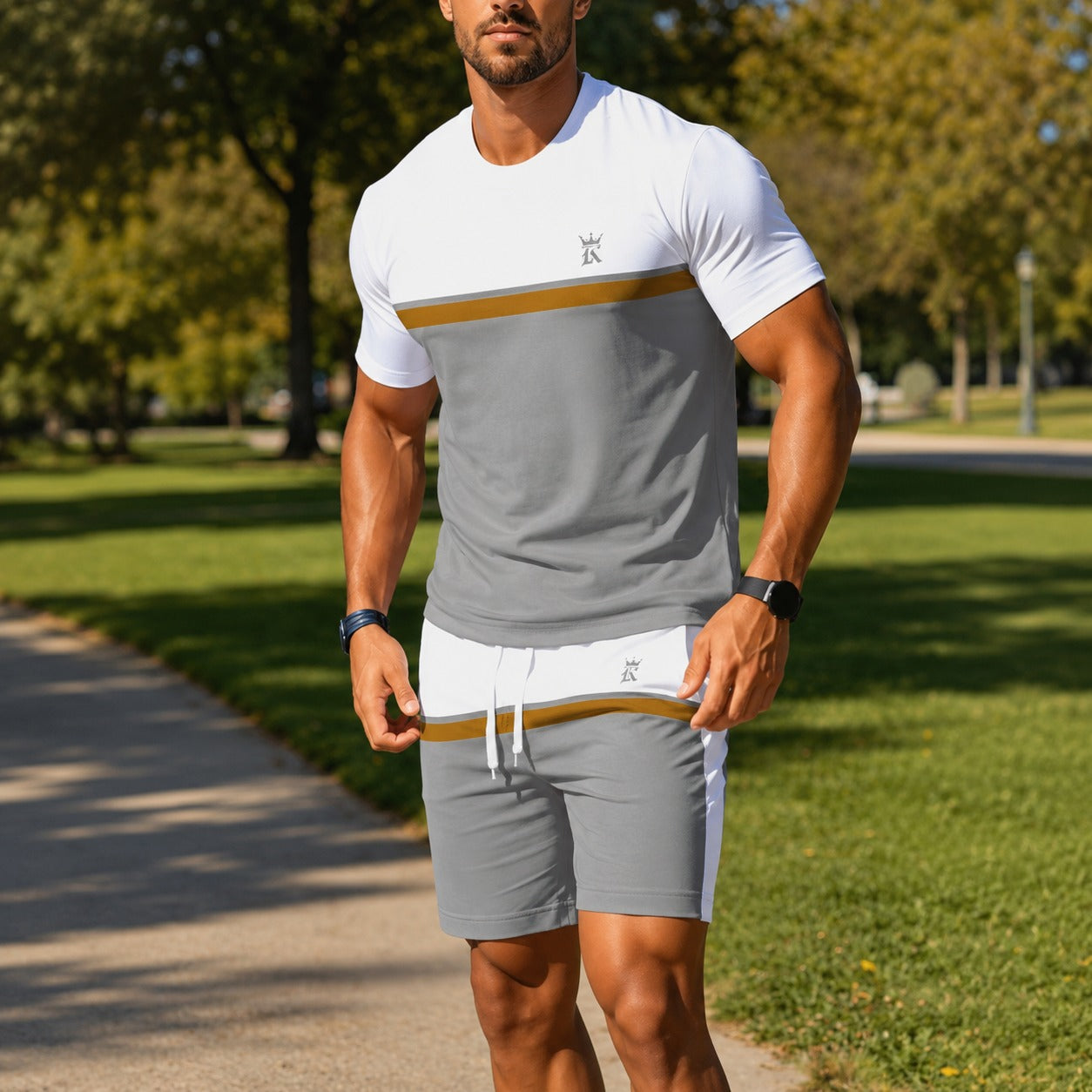 Conjunto Valentino™ com Camiseta Bicolor e Shorts com Cós Ajustável / Visual Esportivo e Alinhado para Dias Leves.