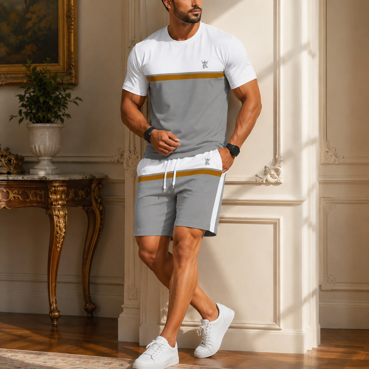 Conjunto Valentino™ com Camiseta Bicolor e Shorts com Cós Ajustável / Visual Esportivo e Alinhado para Dias Leves.