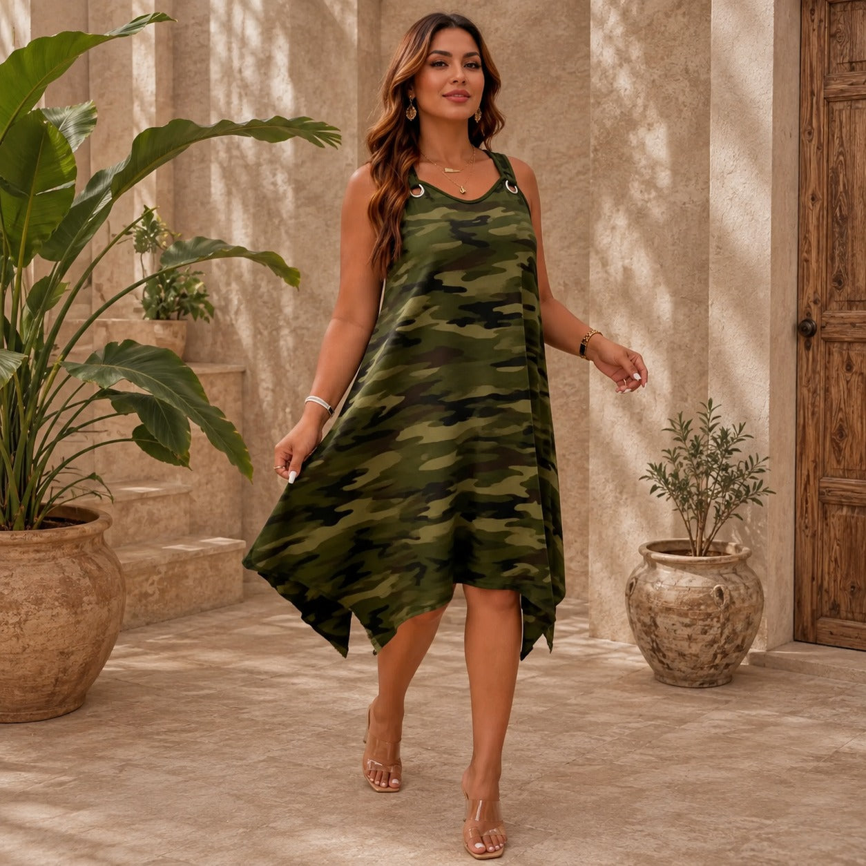 Vestido Amaya™ com Estampa Camuflada e Barra Assimétrica / Movimento Que Transforma o Visual a Cada Passo.