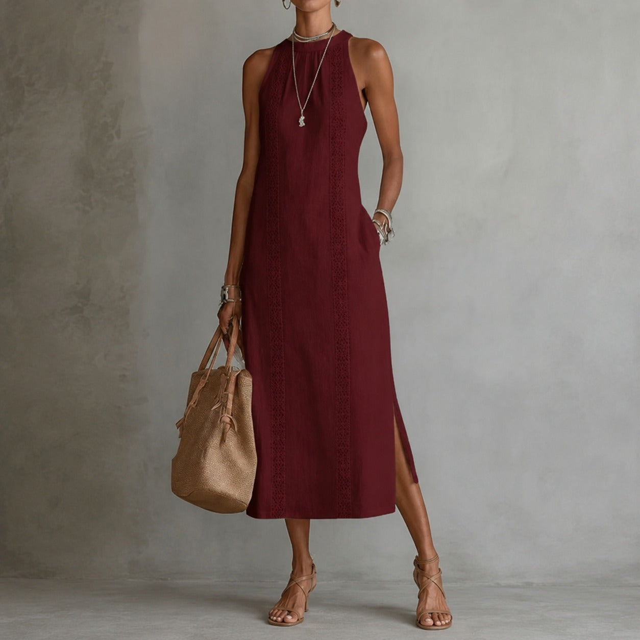 Vestido Coralia™ em Linho de Algodão, Saia Godê e Detalhes Ornamentais Verticais