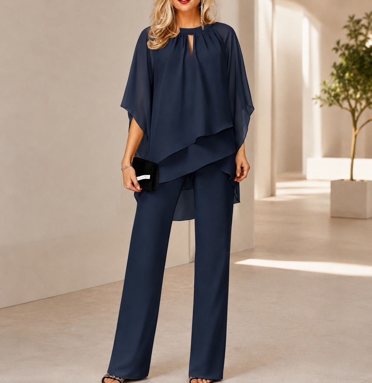 Conjunto Celienne™ com Blusa em Chiffon, Barra Mullet e Calça de Corte Reto Sofisticado / Um Look Completo Para Ocasiões Especiais