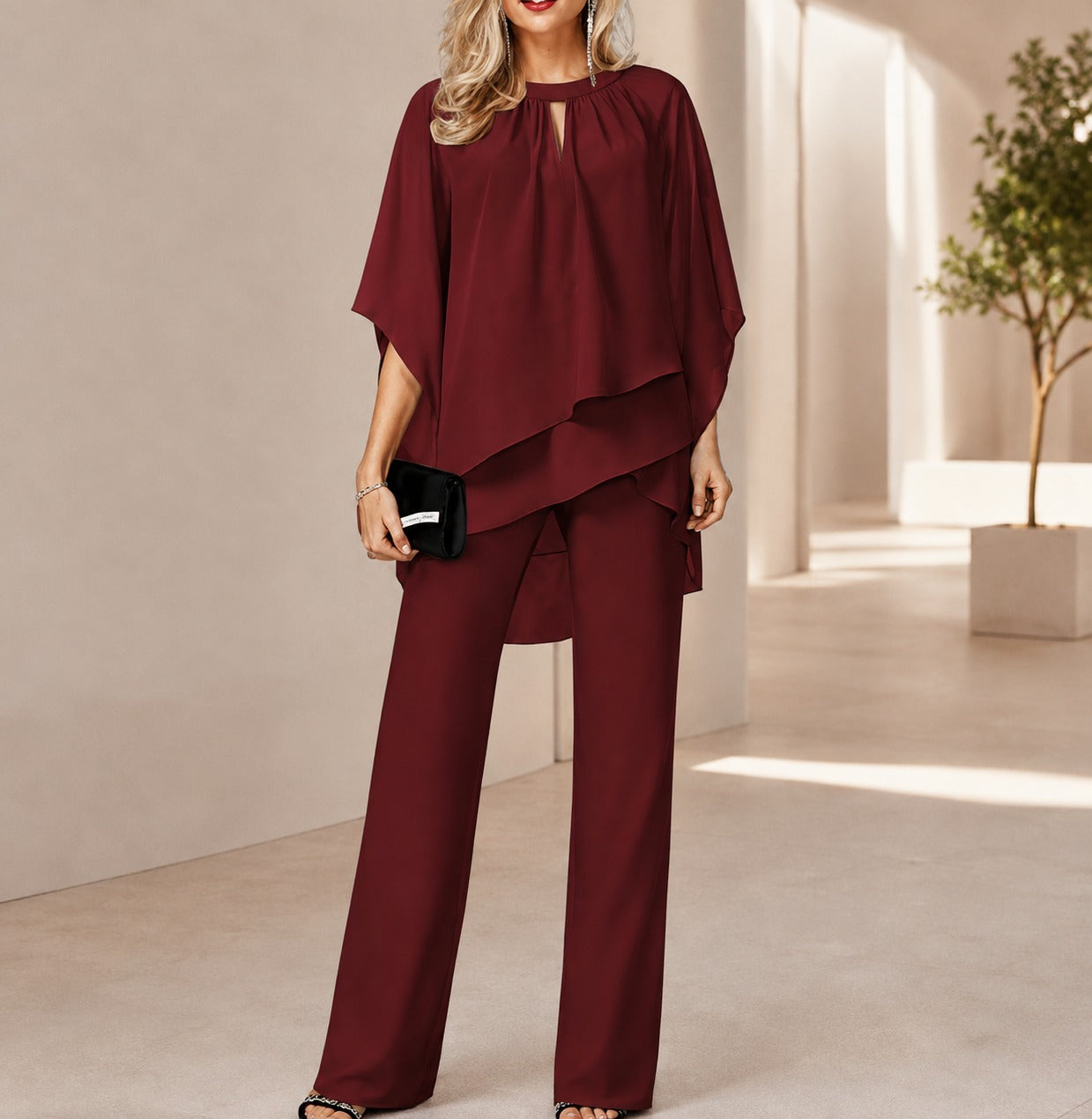 Conjunto Celienne™ com Blusa em Chiffon, Barra Mullet e Calça de Corte Reto Sofisticado / Um Look Completo Para Ocasiões Especiais