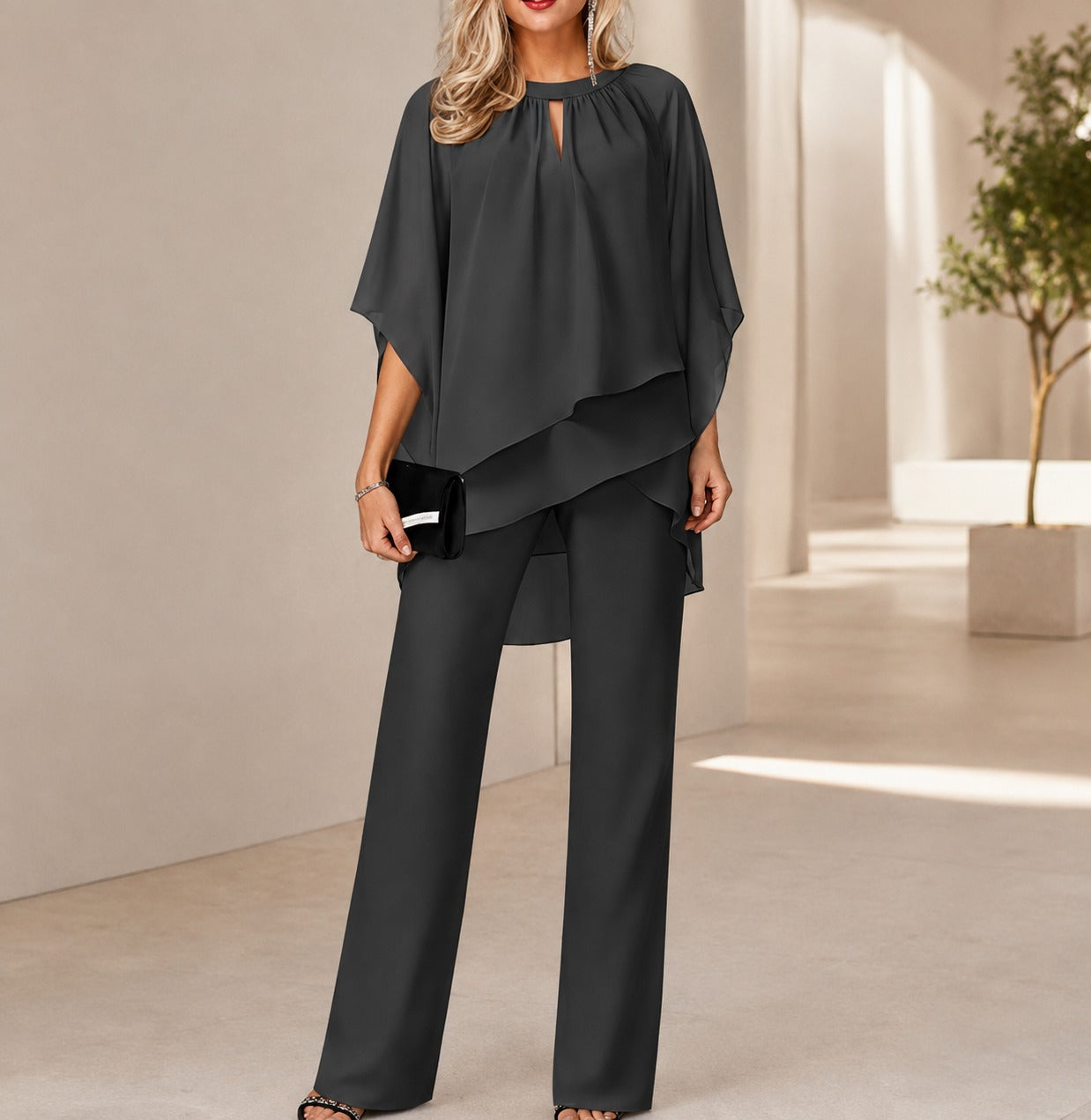 Conjunto Celienne™ com Blusa em Chiffon, Barra Mullet e Calça de Corte Reto Sofisticado / Um Look Completo Para Ocasiões Especiais