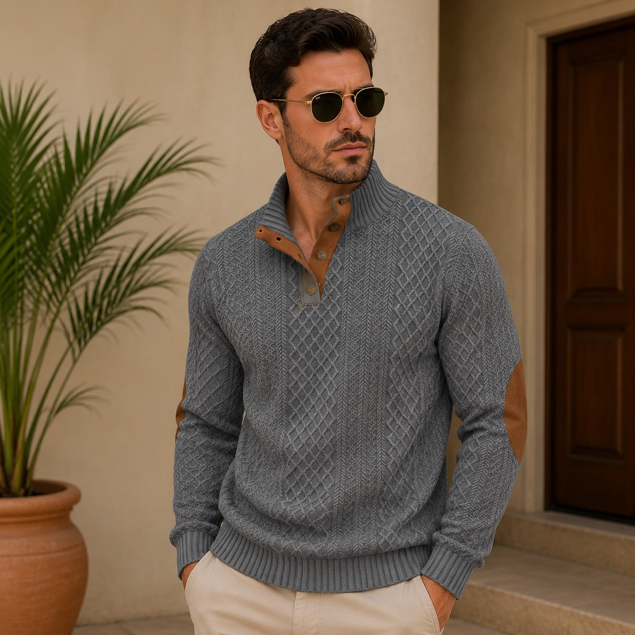 Suéter Avelar™ com Gola Alta, Textura Geométrica e Cotoveleiras Contrastantes