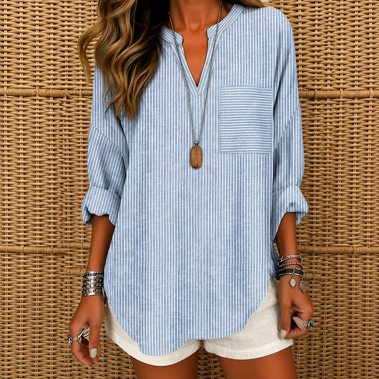 Blusa Maressa™ com Gola Padre, Manga 3/4 e Listras Verticais / O Look Casual Que Deixa Muito Mais Elegante