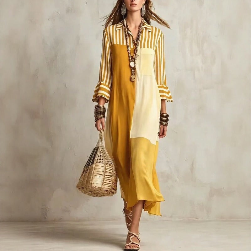 Vestido Avelina™ com Recortes de Cores Contrastantes e Mangas 3/4 / Um Visual Artístico Que Se Destaca Sem Exageros