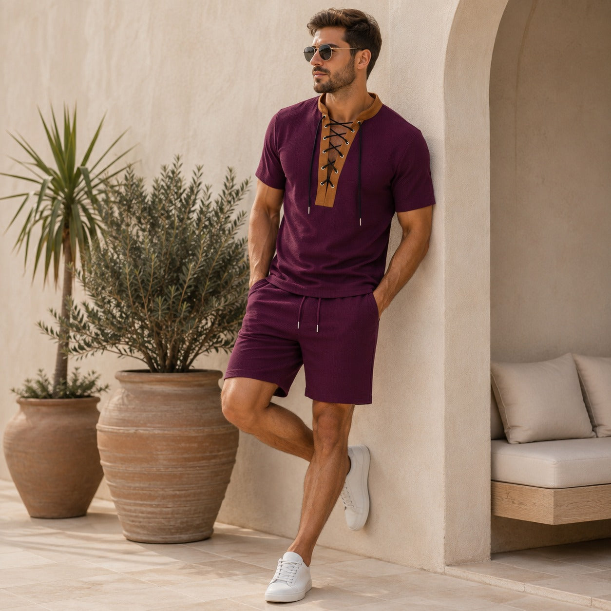 Conjunto Romano™ com Camisa de Amarração Frontal e Bermuda com Cordão Ajustável