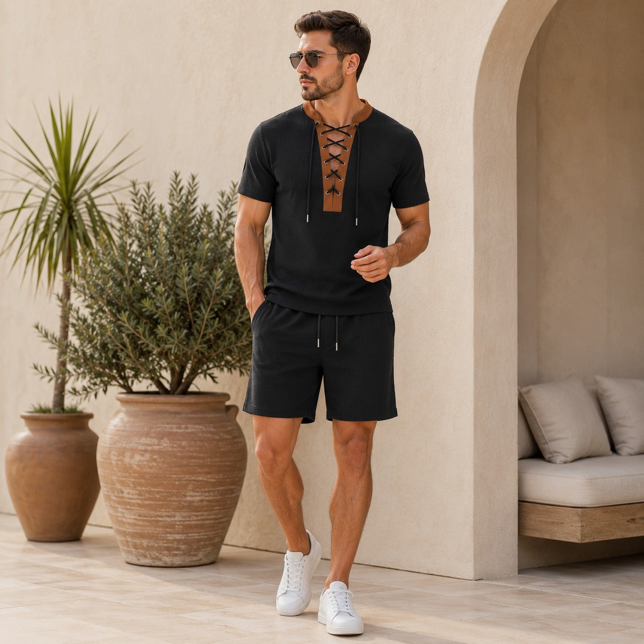 Conjunto Romano™ com Camisa de Amarração Frontal e Bermuda com Cordão Ajustável