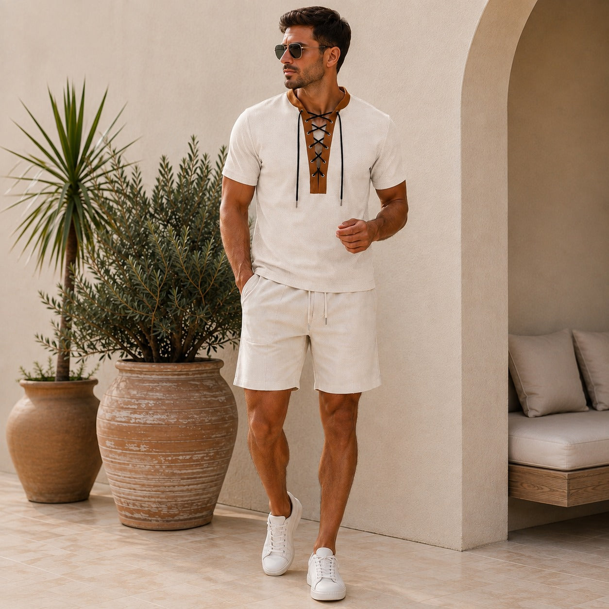 Conjunto Romano™ com Camisa de Amarração Frontal e Bermuda com Cordão Ajustável