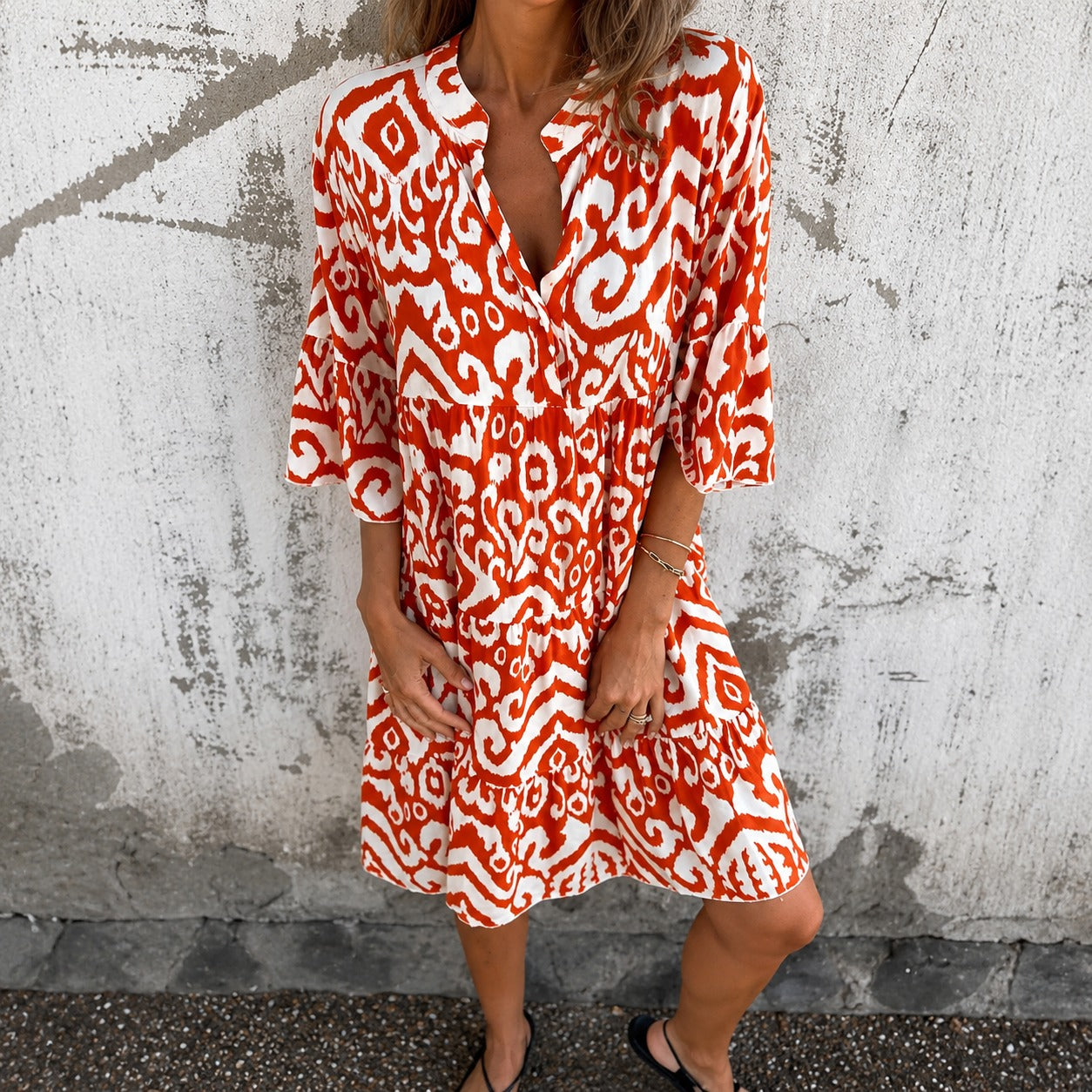 Vestido Amarena™ com Estampa Abstrata Ornamental e Mangas 3/4 / Personalidade Na Medida Certa Para Sair Do Básico